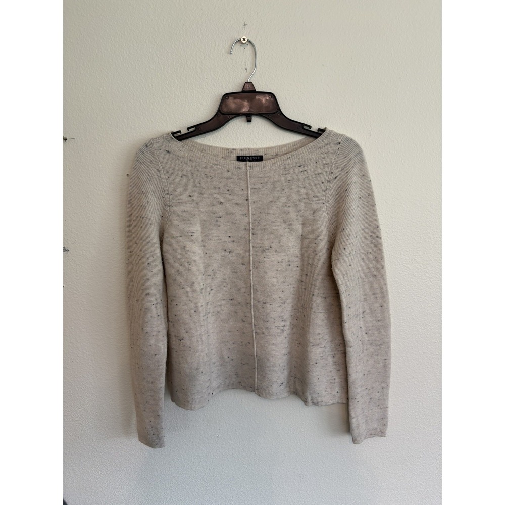 Eileen Fisher Organic Cotton/Wool Peppered Boat Neck Cream Sweater Top Size PM